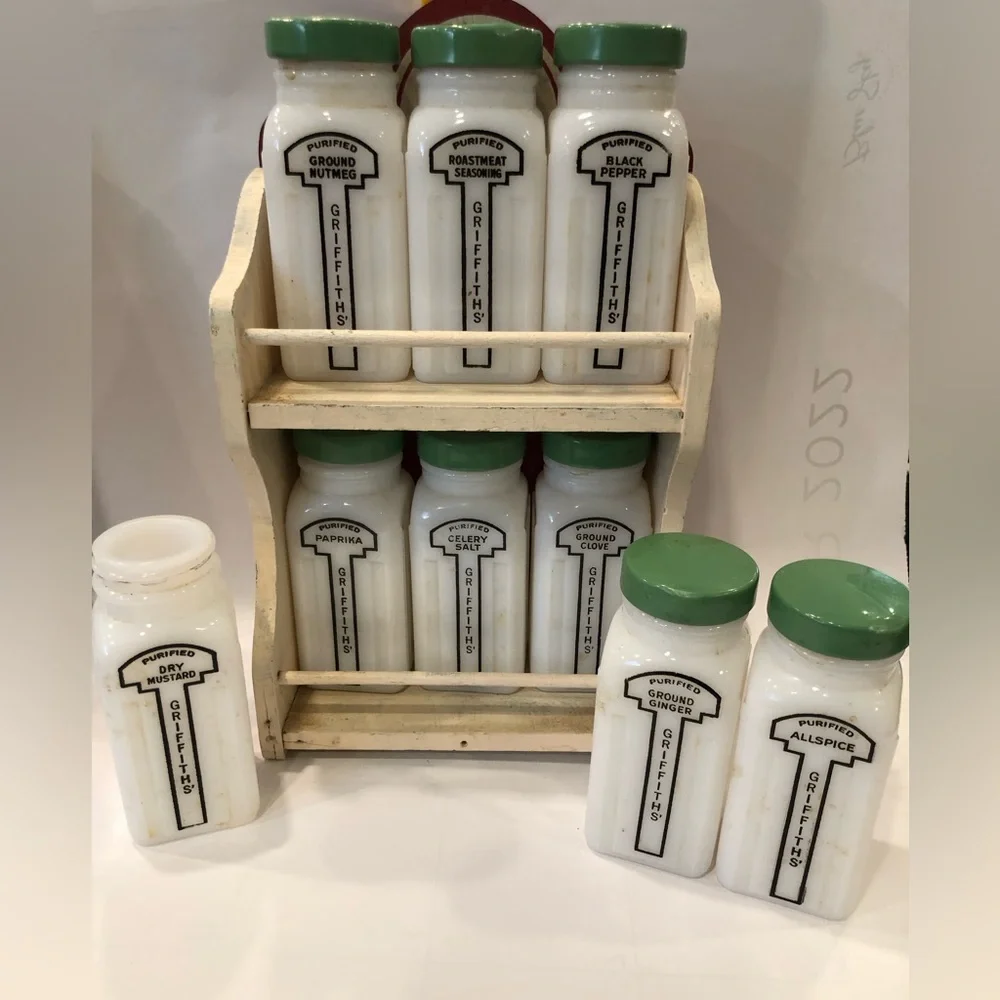 Vintage Griffith's Spice Jar Set In Holder Green Lids Used Milk White Rare-Read - Picture 1 of 16
